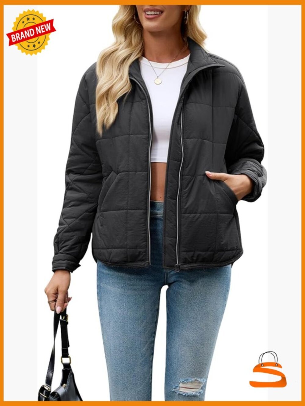 Quilted Puffer Jacket Lightweight Zip Up Long Sleeve Y2K Casual Outwear with